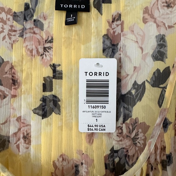 TORRID Yellow Floral V-Neck Boho Tunic Style Blouse- Women’s Size 1x NEW w Tags - Picture 3 of 6